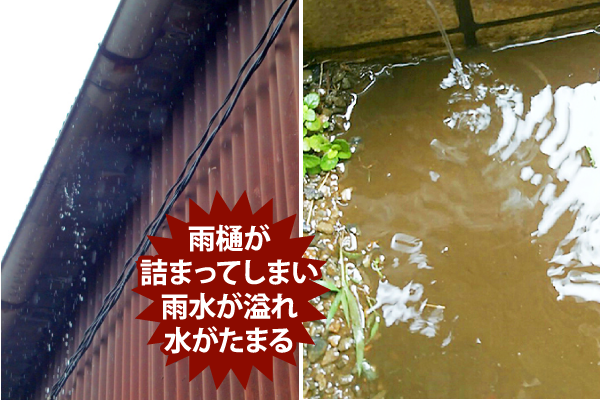 雨樋が詰まってしまい雨水が溢れ水がたまる