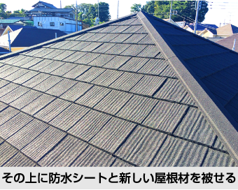 その上に防水シートと新しい屋根材を被せる
