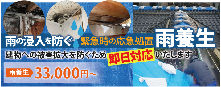 雨の浸入を防ぐ雨養生、即日対応致します！