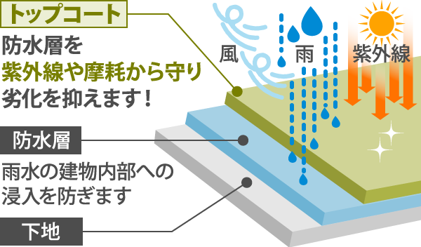 防水層を
紫外線や摩耗から守り
劣化を抑えます！