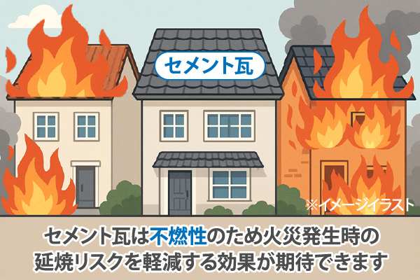 セメント瓦は不燃性のため火災発生時の延焼リスクを軽減する効果が期待できます