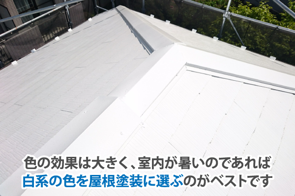 色の効果は大きく、室内が暑いのであれば白系の色を屋根塗装に選ぶのがベストです