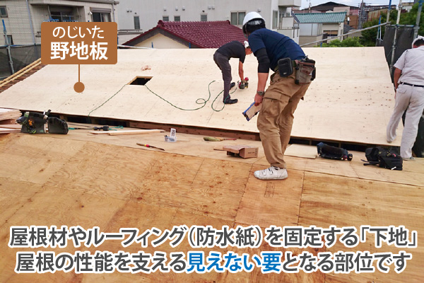 野地板は屋根材やルーフィング(防水紙)を固定する「下地」。屋根の性能を支える見えない要となる部位です