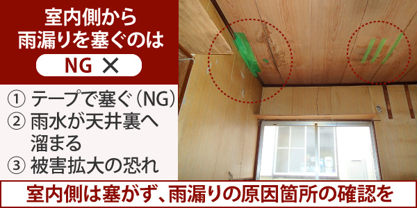 室内側は塞がず、雨漏りの原因箇所の確認を