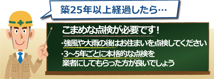 築25年以上経過したら…こまめな点検が必要です！強風や大雨の後はお住まいを点検してください3～5年ごとに本格的な点検を業者にしてもらった方が良いでしょう