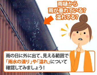 雨の日に外に出て、見える範囲で「雨水の滴り」や「溢れ」について確認してみましょう！