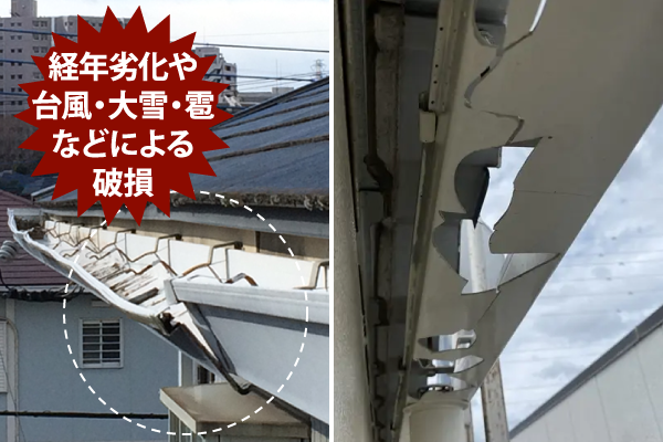 経年劣化や台風・大雪・雹などによる破損