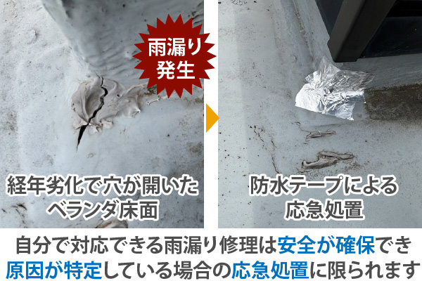 自分で対応できる雨漏り修理は安全が確保でき、原因が特定している場合の応急処置に限られます