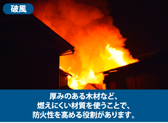厚みのある木材など、燃えにくい材質を使うことで、防火性を高める役割があります。