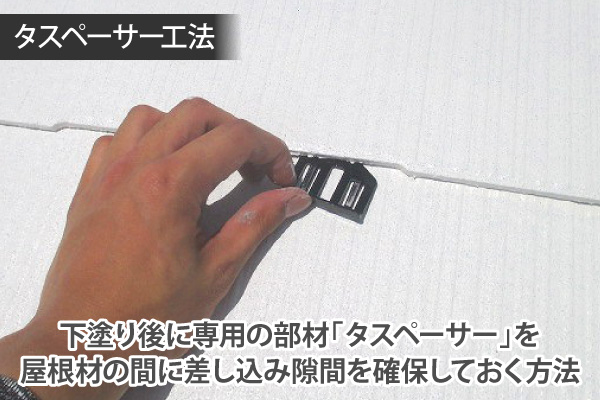 下塗り後に専用の部材「タスペーサー」を屋根材の間に差し込み隙間を確保しておく方法