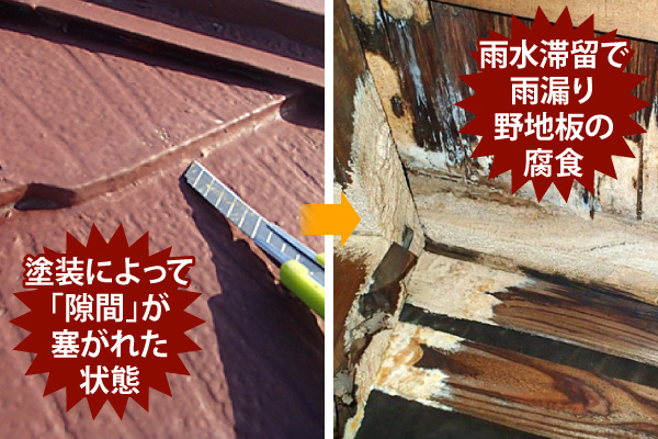 雨水滞留で雨漏り野地板の腐食