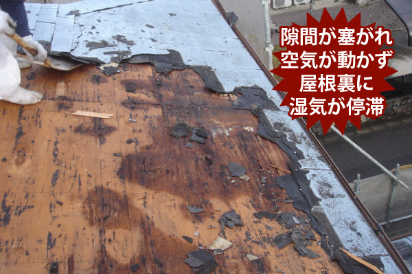隙間が塞がれ空気が動かず屋根裏に湿気が停滞