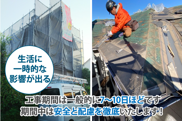 工事期間は一般的に7〜10日ほどです。期間中は安全と配慮を徹底いたします！
