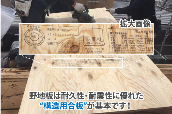 野地板は耐久性・耐震性に優れた“構造用合板”が基本です！