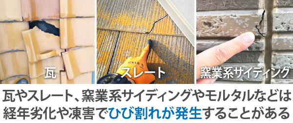 瓦やスレート、窯業系サイディングやモルタルなどは
経年劣化や凍害でひび割れが発生することがある