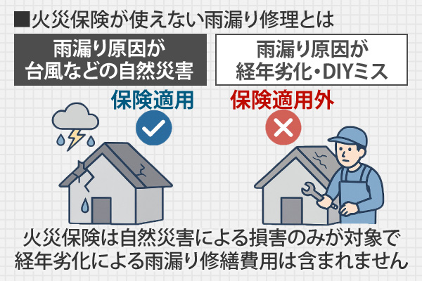 火災保険は自然災害による損害のみが対象で経年劣化による雨漏り修繕費用は含まれません