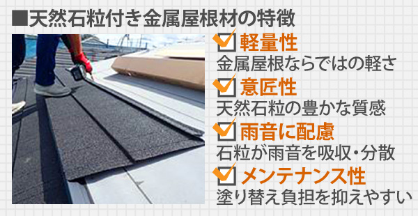 天然石粒付き金属屋根材の特徴