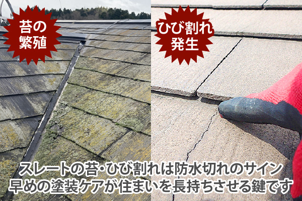 スレートの苔・ひび割れは防水切れのサイン、早めの塗装ケアが住まいを長持ちさせる鍵です