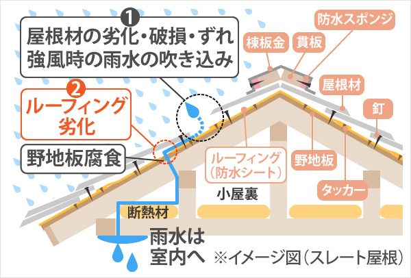 ルーフィングが原因の雨漏り図解