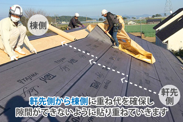軒先側から棟側に重ね代を確保し隙間ができないように貼り重ねていきます