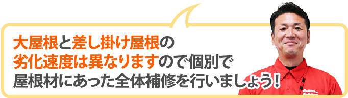 大屋根と差し掛け屋根の劣化速度は異なりますので個別で屋根材にあった全体補修を行いましょう！