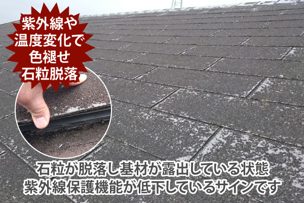紫外線や温度変化で色褪せ石粒脱落