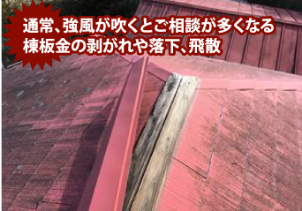 通常、強風が吹くとご相談が多くなる棟板金の剥がれや落下、飛散