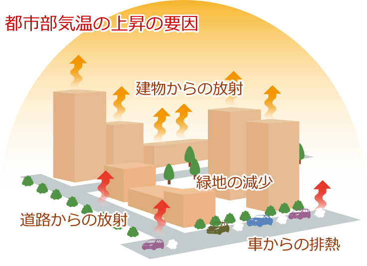 都市部気温上昇の原因。建物からの放射、緑地の減少、道路からの放射、車からの排熱