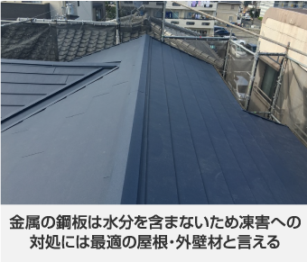 金属の鋼板は水分を含まないため凍害への対処には最適の屋根・外壁材と言える