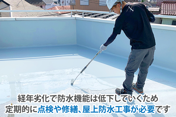 経年劣化で防水機能は低下していくため定期的に点検や修繕、屋上防水工事が必要です