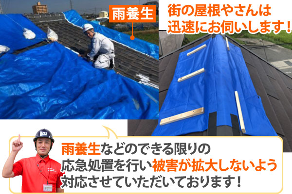 雨養生などのできる限りの応急処置を行い被害が拡大しないよう対応させていただいております！