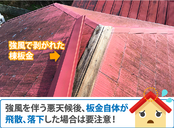 強風を伴う悪天候後、板金自体が飛散、落下した場合は要注意！