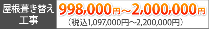 屋根葺き替え工事　998,000円～2,000,000円（税込1,097,800円～2,200,000円）