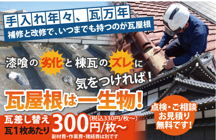 手入れ年々、瓦万年！補修と改修でいつまでも持つのは瓦屋根。漆喰の劣化と棟瓦のズレに気を付ければ瓦は一生物！瓦差し替え・300円/枚～（税別）※副材費・作業費・諸経費は別です。点検・ご相談・お見積りは無料です！