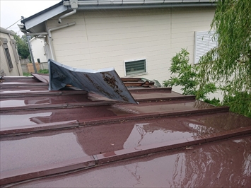 トタンの瓦棒屋根が捲れています