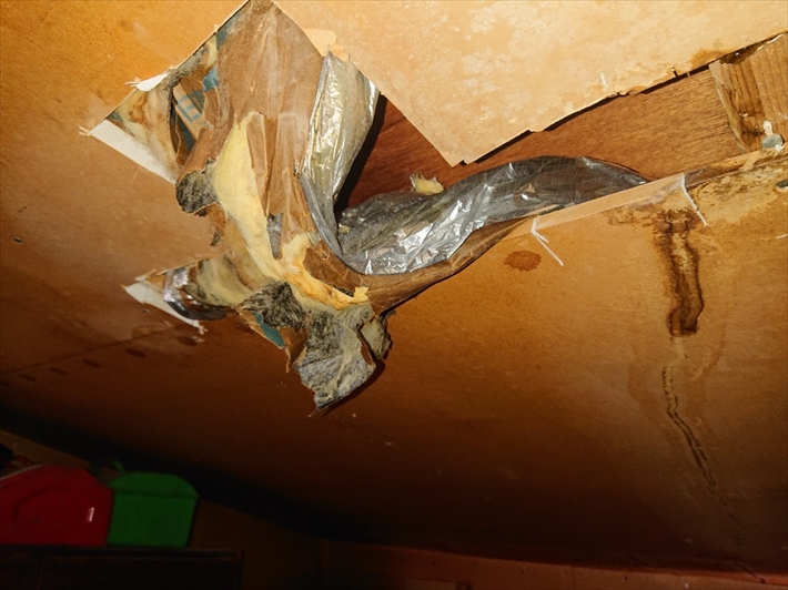 小屋裏収納の天井部分から雨漏りしています