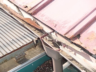 金属片や木片が詰まった雨樋