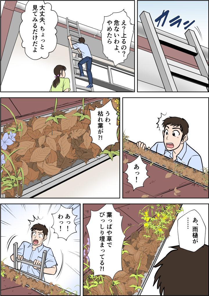 屋根に上り雨樋の様子を見る。すると雨樋にはびっしりと枯れ葉が詰まっていた