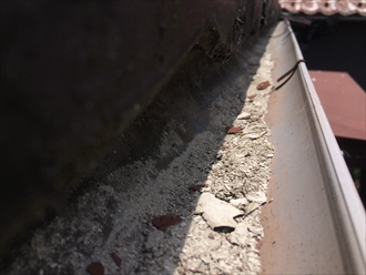 傷んだセキスイかわらＵの粉塵が雨樋に溜まっている