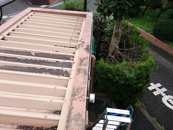 壁の内側に屋根があるので雨漏りしています