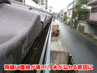 雨樋に屋根が被さっている様子