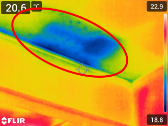 サーマルカメラで撮影した内部で雨漏り被害が発生している天井