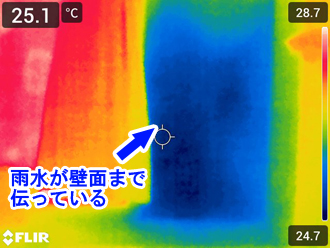 天井から伝ったであろう雨水が、壁の広範囲にまで滞留していることがわかります。