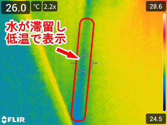 散水試験では滞留した水が低温で表示され、雨漏りのルートを特定することができます。
