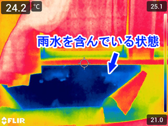 壁に雨水が滞留し低温で表示されています。