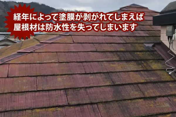 経年によって塗膜が剥がれてしまえば屋根材は防水性を失ってしまいます