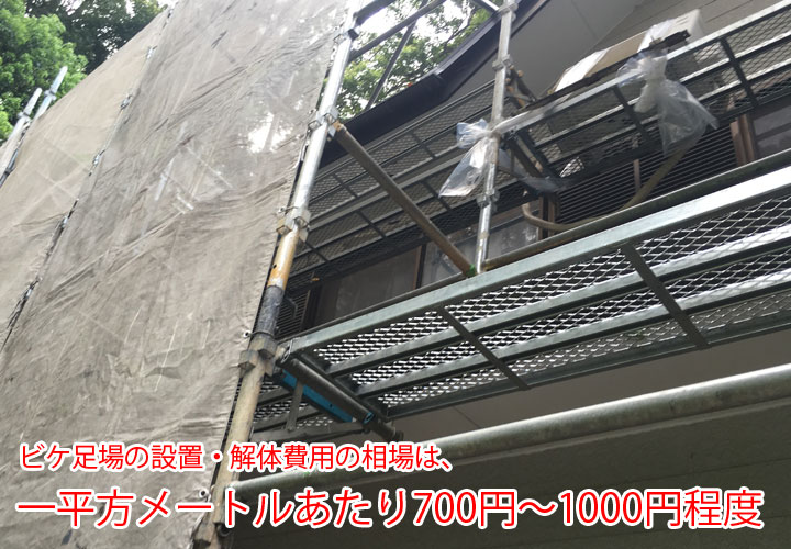 ビケ足場の設置・解体費用の相場は、一平方メートル当たり700円～1000円程度