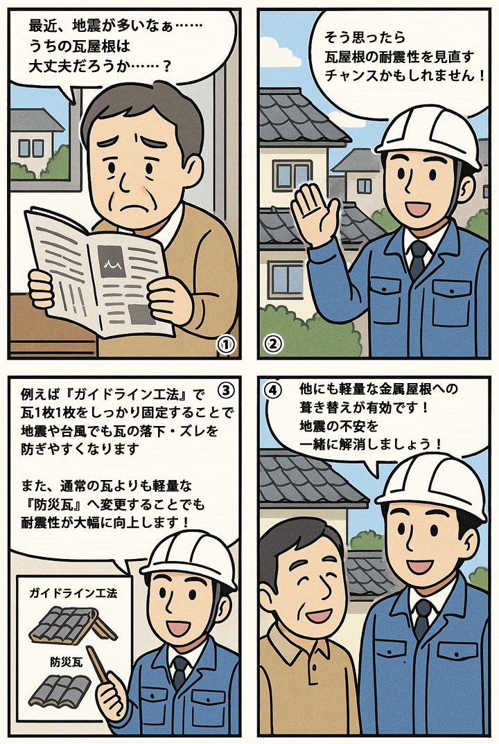漫画で瓦屋根の地震対策について解説！
