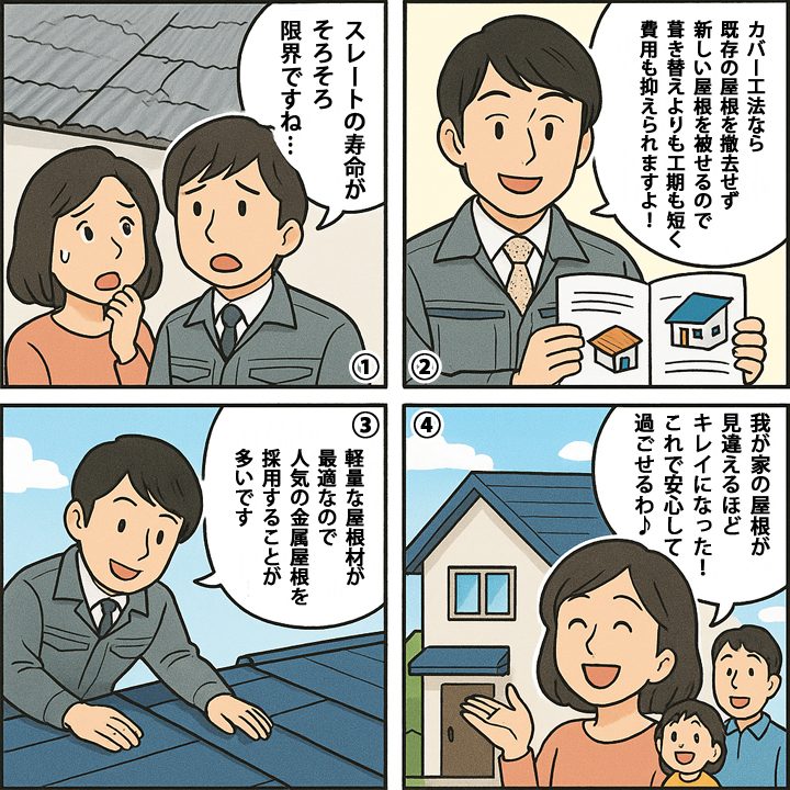 漫画でスレート屋根のカバー工法について解説！