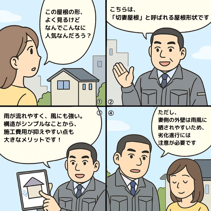 切妻屋根について解説する4コマ漫画